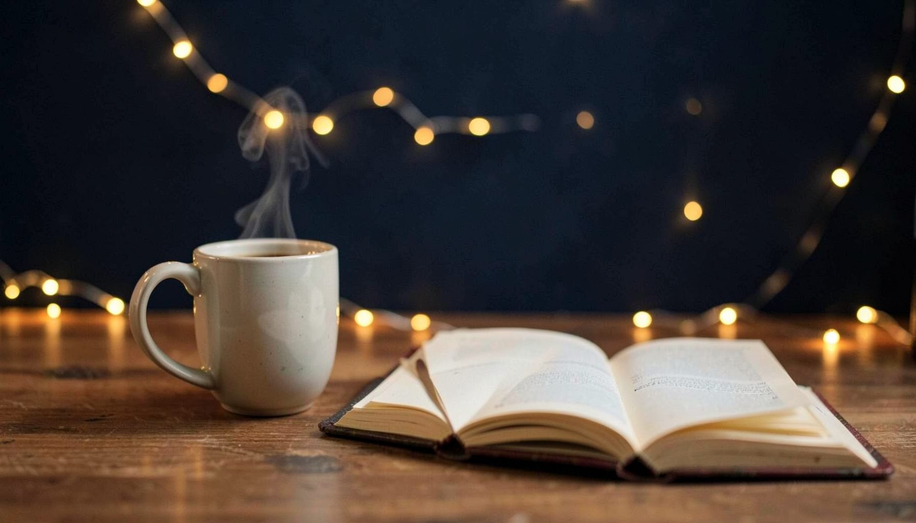 A cozy desk scene with a steaming mug of coffee, an open journal, and soft golden fairy lights against a dark navy backdrop