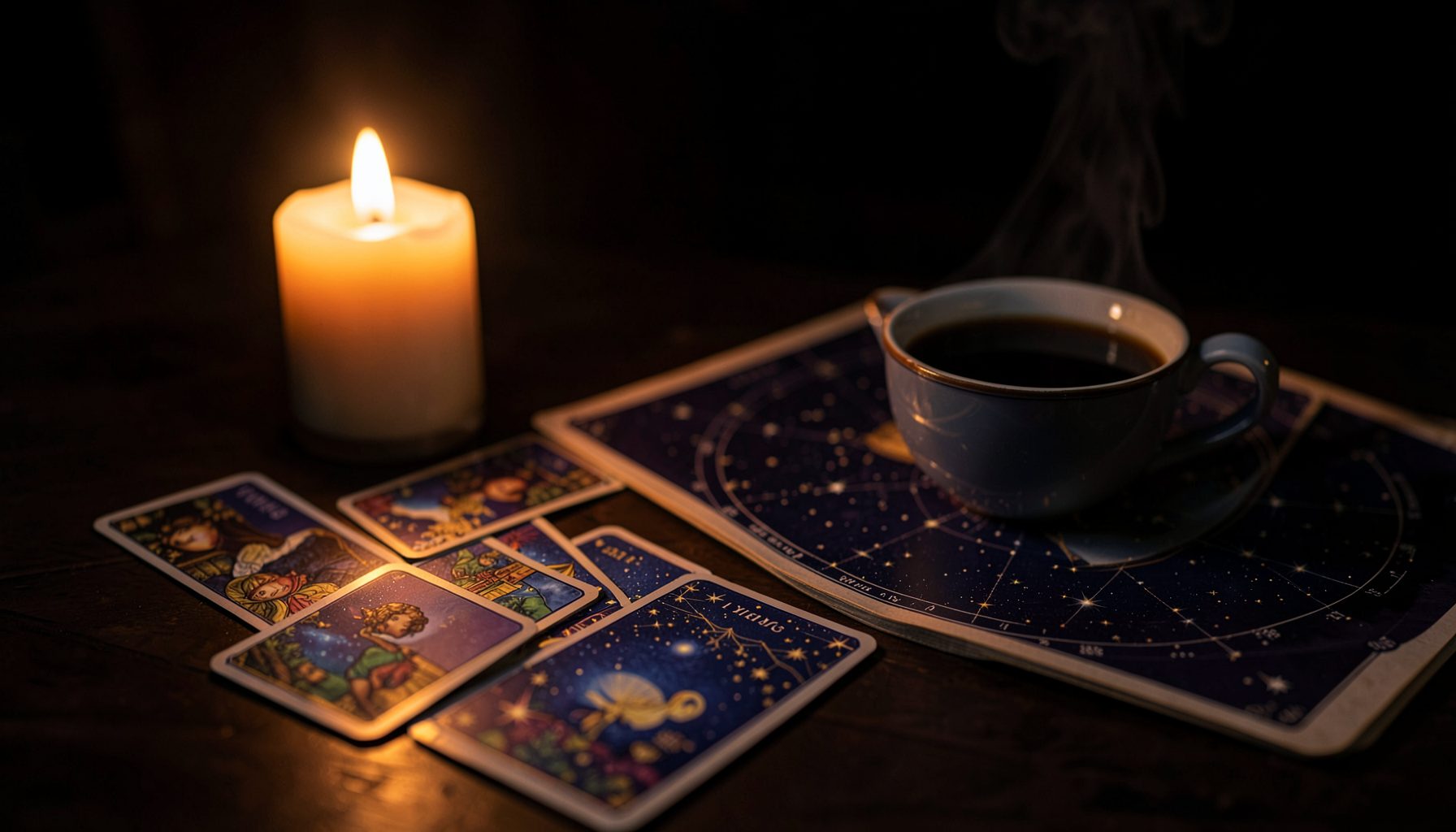 A softly lit tabletop with a glowing candle, scattered tarot cards in deep indigo and gold tones, and a steaming cup of coffee beside a celestial star chart — warm amber light against a dark, cozy background.
