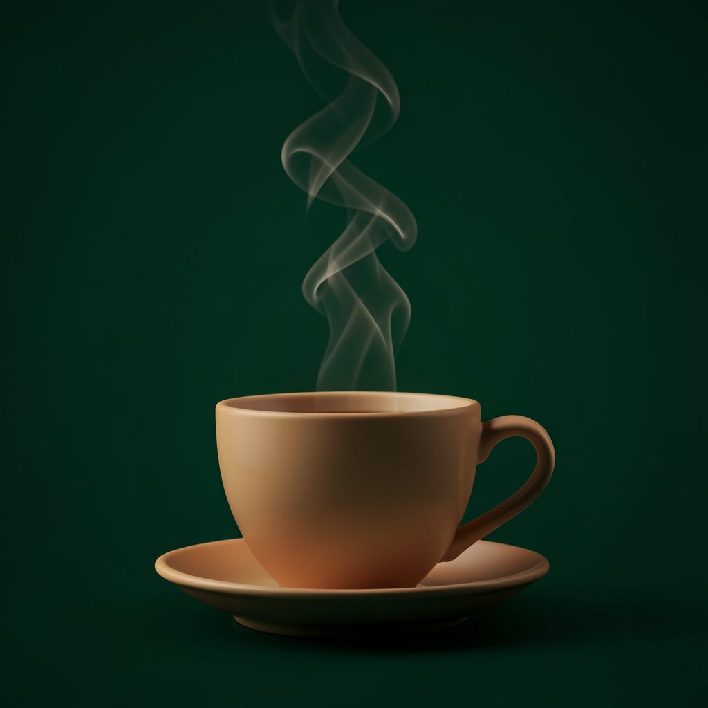 A warm coffee cup silhouette against a dark emerald background, steam curling upward in soft wisps