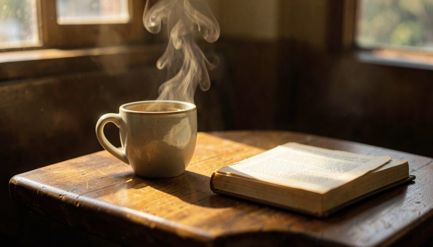 A warm, cozy coffee-shop corner with a steaming ceramic mug on a wooden table, soft golden light spilling across the surface, and a well-worn paperback nearby — deep browns, cream, and muted amber tones.