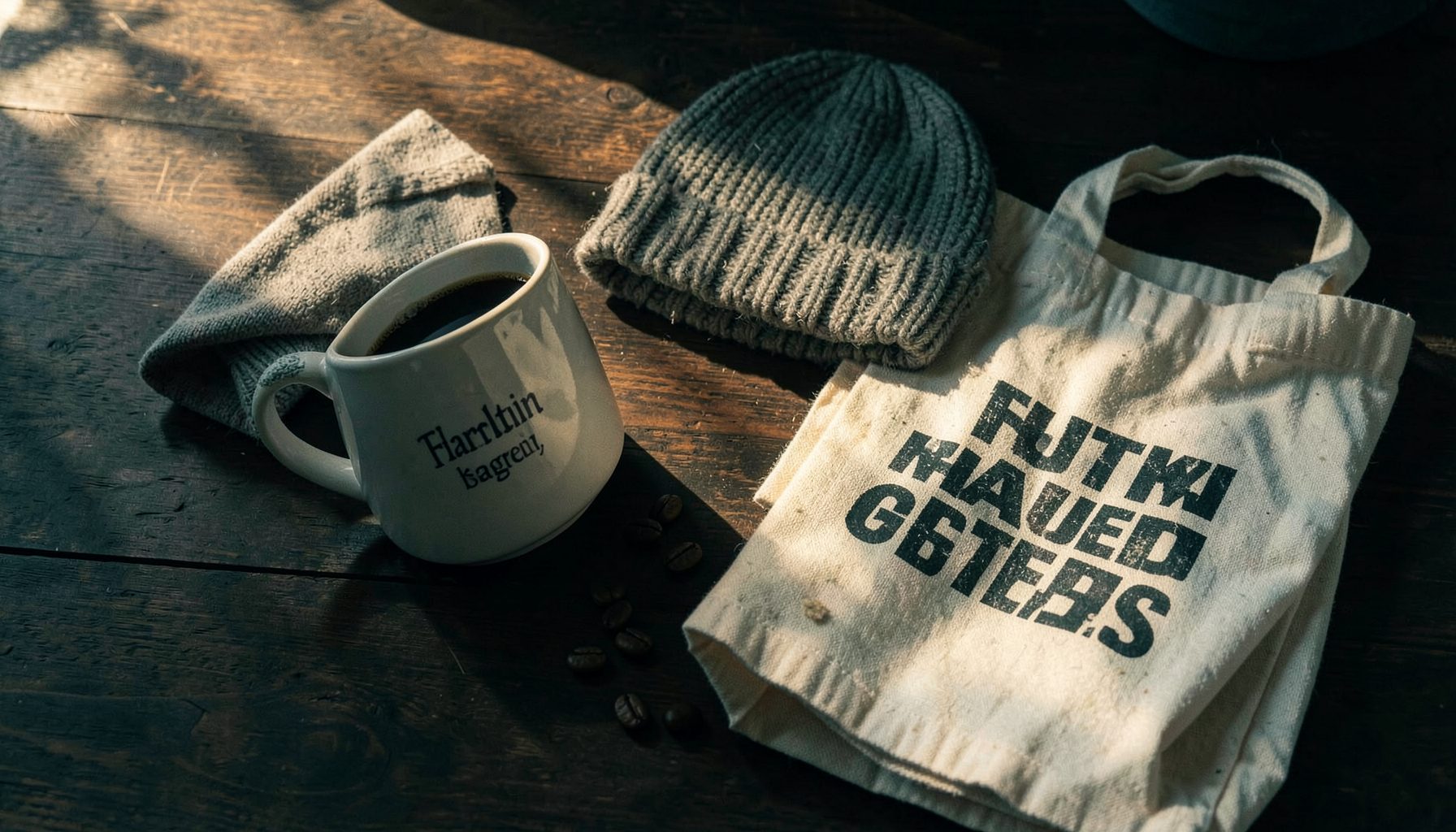 A warm flat-lay arrangement on a dark wooden table: a ceramic coffee mug with a subtle feminist slogan, a cozy knitted beanie, a tote bag with bold lettering, and a few scattered coffee beans, all lit by soft golden window light with deep teal and charcoal shadows.