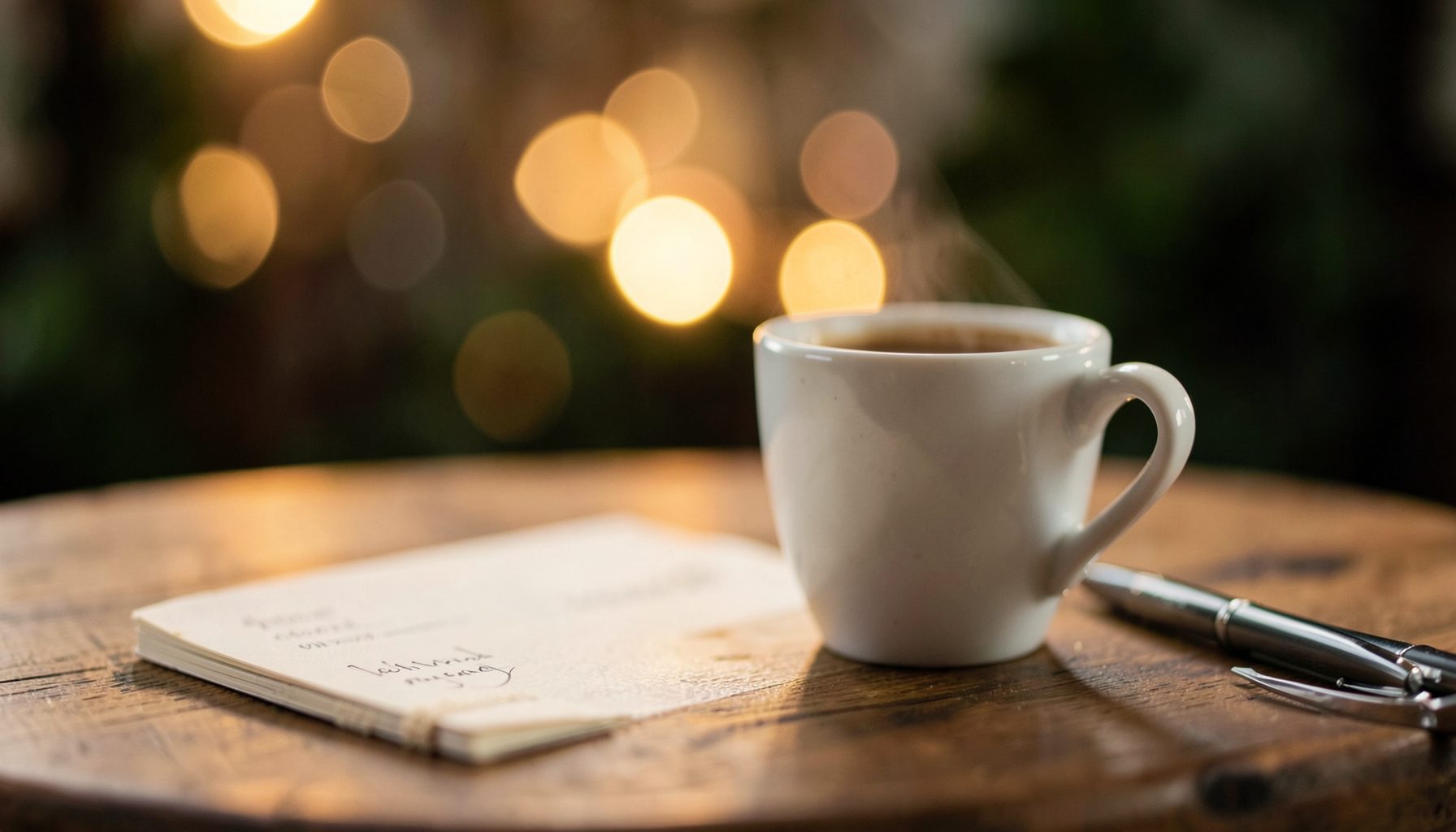 A warm, softly lit coffee cup on a wooden table beside a notebook and pen, with gentle bokeh lights in the background — cozy browns, creams, and deep greens.