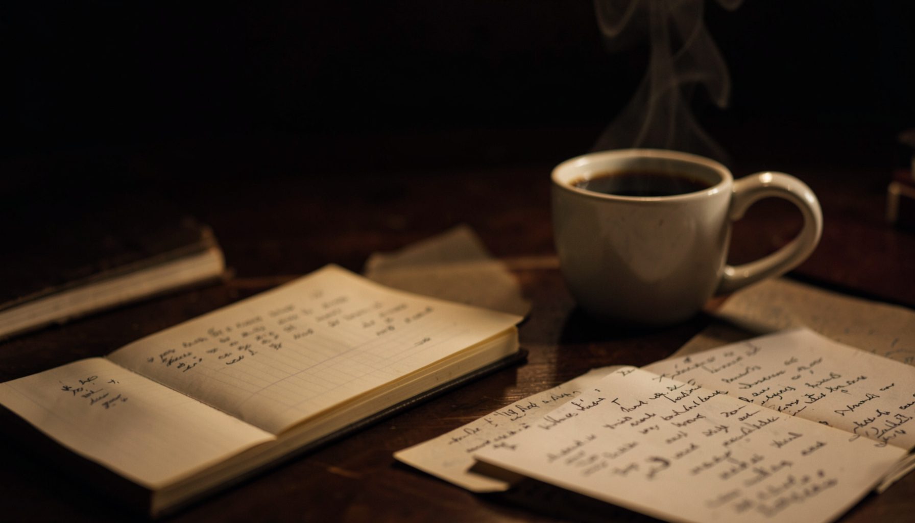 A warm, softly lit desk scene with a notebook, a steaming coffee mug, and scattered handwritten pages, in deep browns and muted gold tones against a dark background.