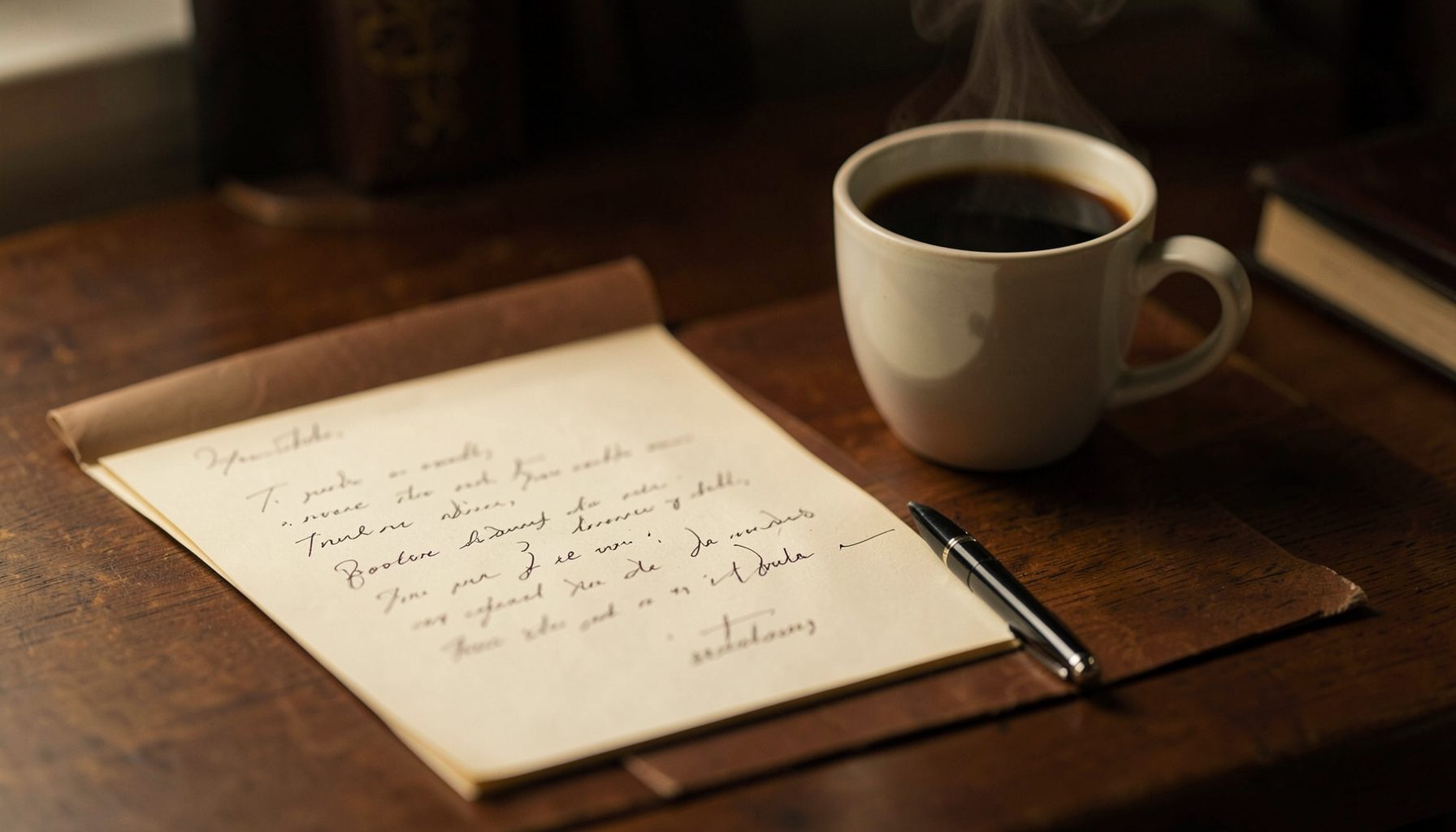 A warm, softly lit desk scene with a steaming coffee mug beside a handwritten letter and a pen, in deep browns, cream, and muted gold tones.